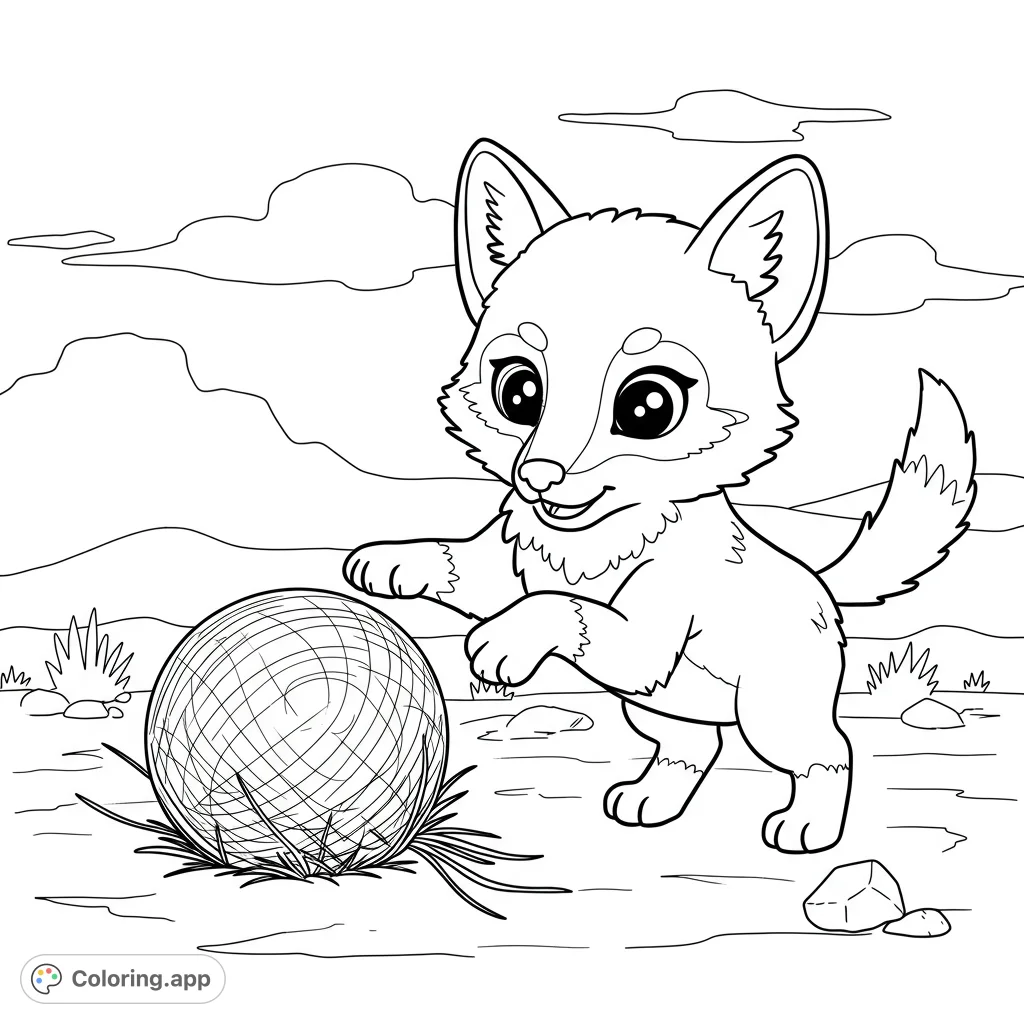 An adorable wolf cub playfully interacts with a large ball of yarn in a charming outdoor scene, perfect for a delightful coloring experience.