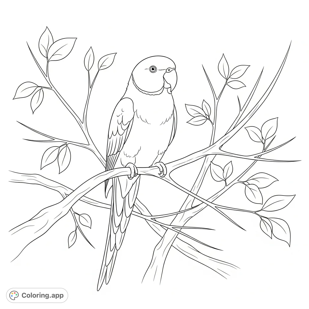 A charming plum-headed parakeet perched delicately on thin, crisscrossing branches with simplified leaves, perfect for a peaceful coloring experience.