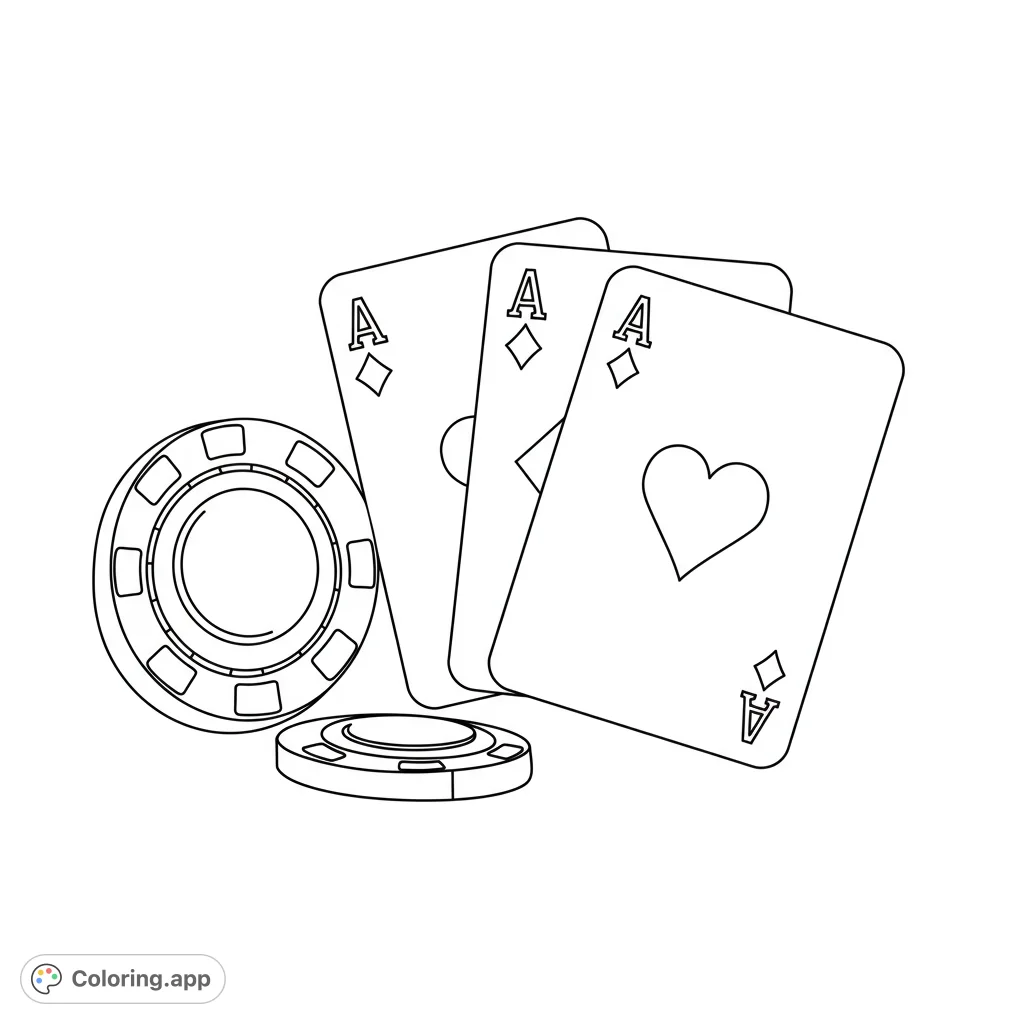 A dynamic casino theme coloring page featuring fanned playing cards and poker chips, perfect for game enthusiasts and relaxation.