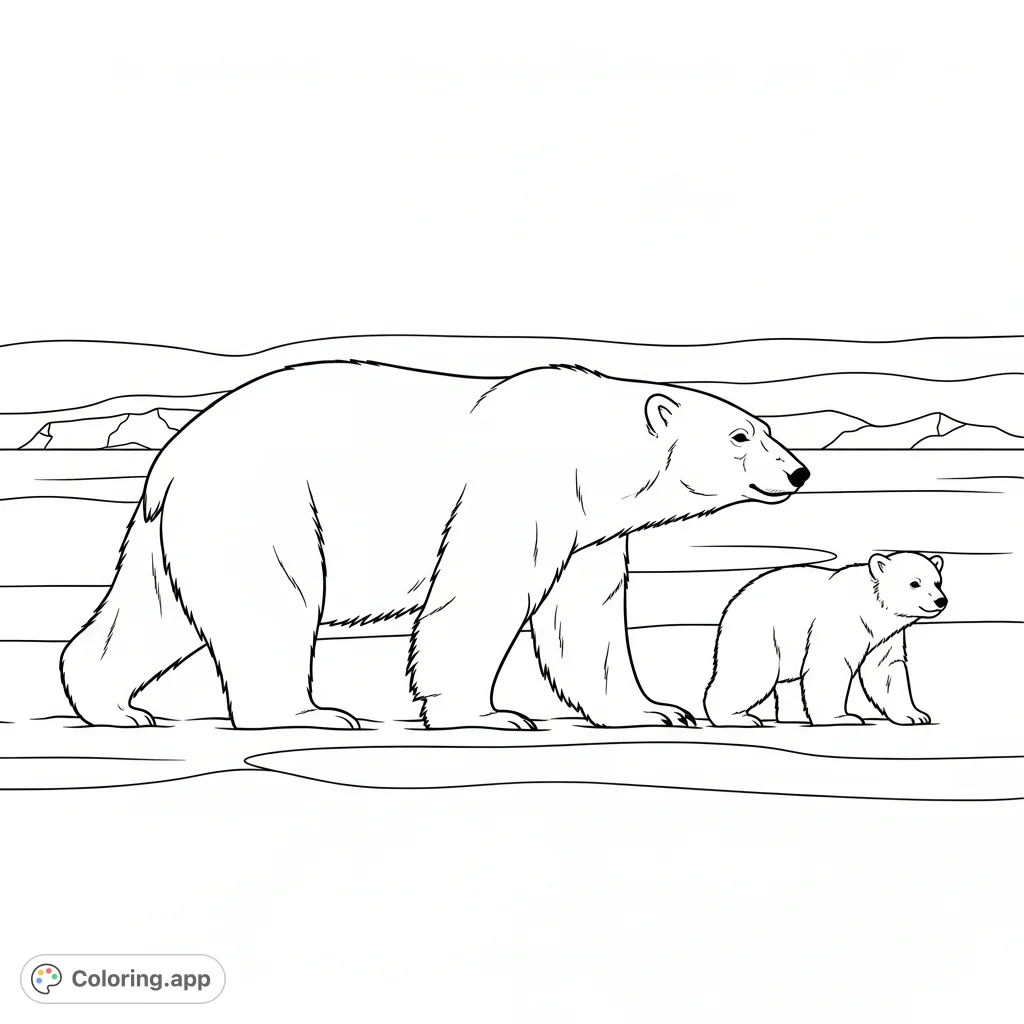 A heartwarming scene of a polar bear mother and her cub walking across a vast, snowy landscape. Minimal snow details for easy coloring, focusing on the bears.