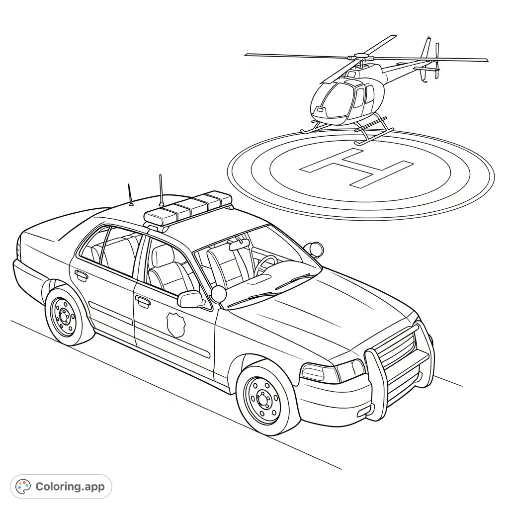 A detailed police car is parked beside a helicopter landing pad, featuring a simple helicopter silhouette hovering above. Perfect for law enforcement enthusiasts.