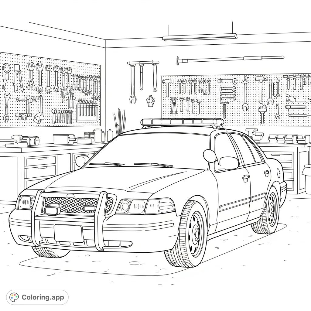 Explore a detailed coloring page of a police car in a garage bay. Features a patrol vehicle with a light bar and simplified tools in the background.