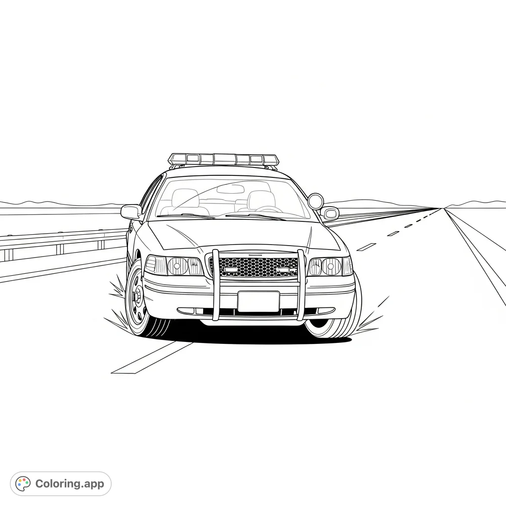 An action-packed police car performs a quick stop on a highway shoulder, featuring a detailed vehicle with emergency lights and a minimal background.