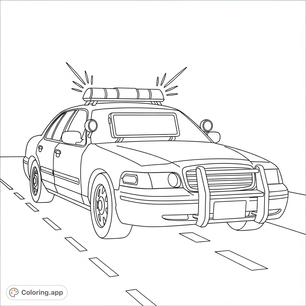 Color a police car featuring a rooftop message board and simple road markings. Ideal for young artists to explore community helper vehicles and road safety.