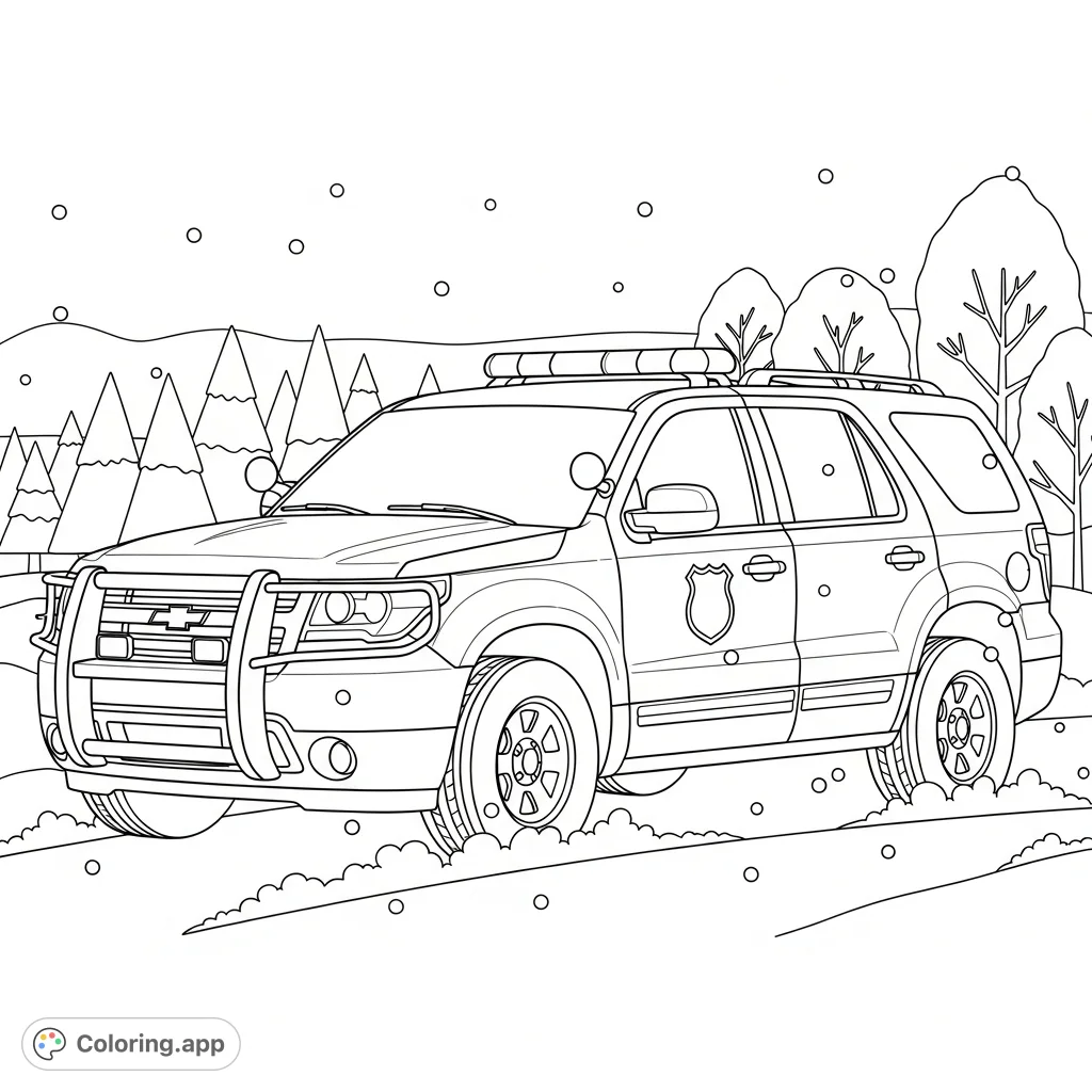 Color a police SUV with roof rack lights driving through a gentle snowfall. Simplified trees line the background, creating a calm winter scene for all ages.