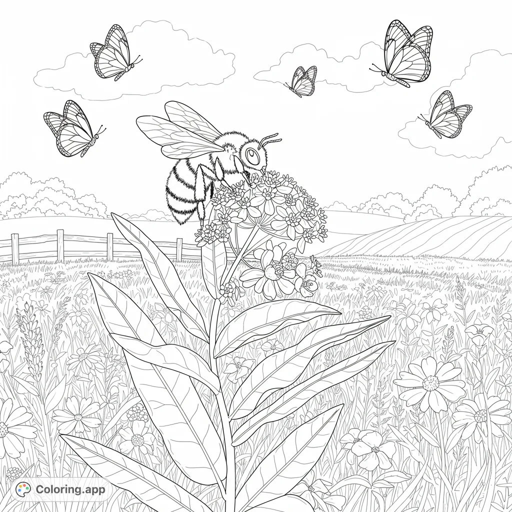 A charming nature coloring page featuring a busy bee on a flower, surrounded by fluttering butterflies and a vibrant wildflower meadow scene.