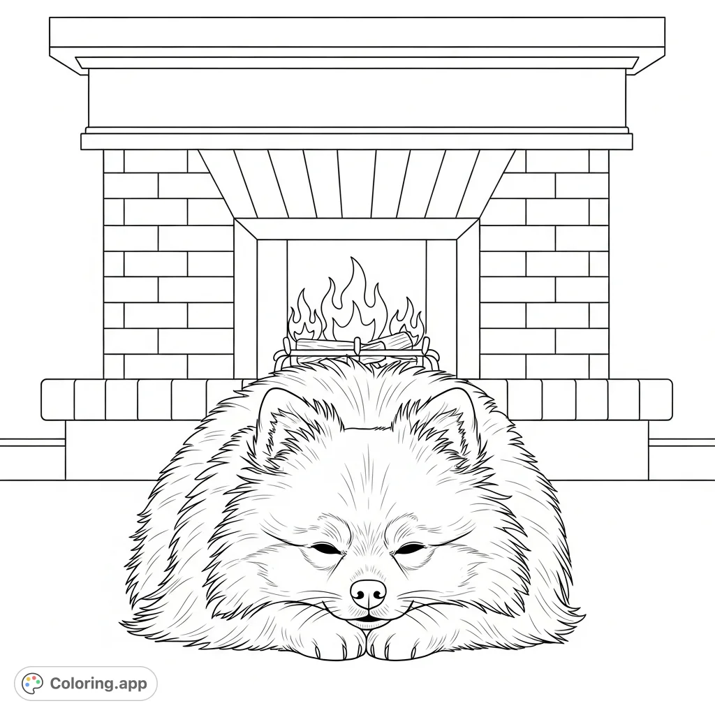 A fluffy Pomeranian dog rests peacefully by a brick fireplace with simplified flames, offering a charming scene for detailed coloring.