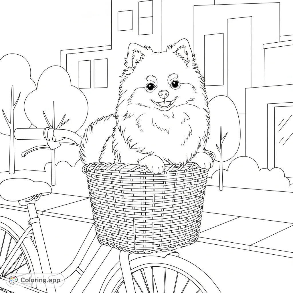 A charming Pomeranian sits happily in a bicycle basket, set against a backdrop of simplified outdoor street shapes. A delightful and engaging coloring page!