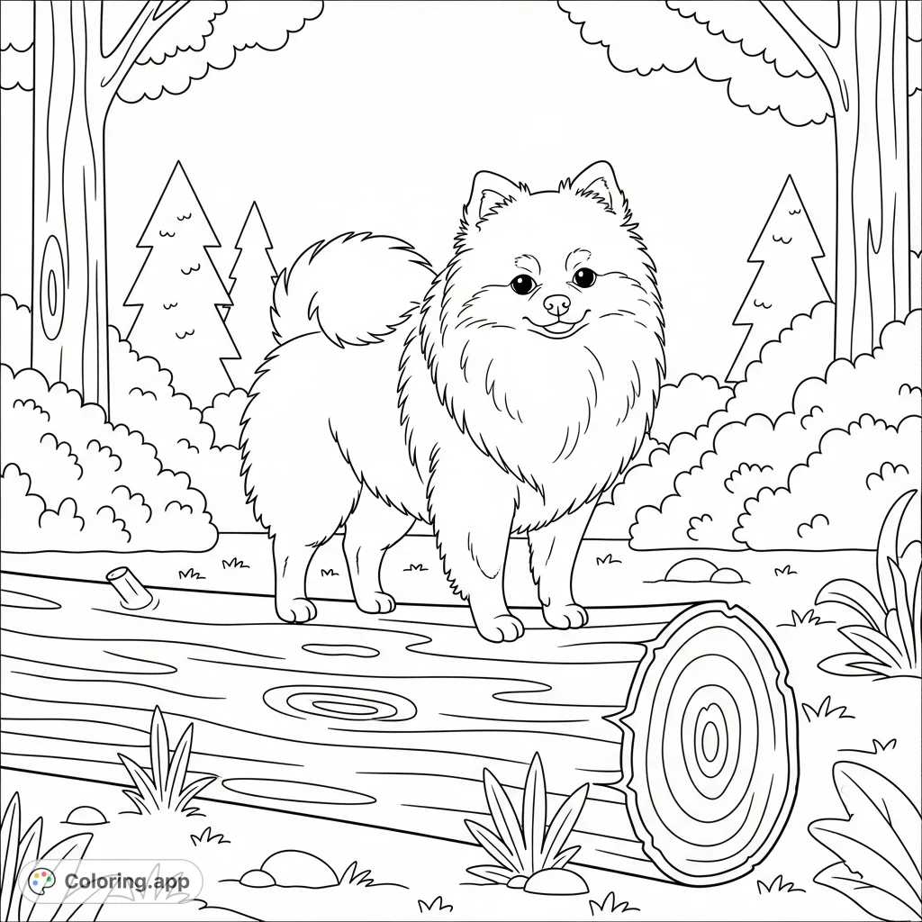 A charming Pomeranian stands atop a textured log in a simplified forest, offering a delightful scene for all ages to color and enjoy creatively.