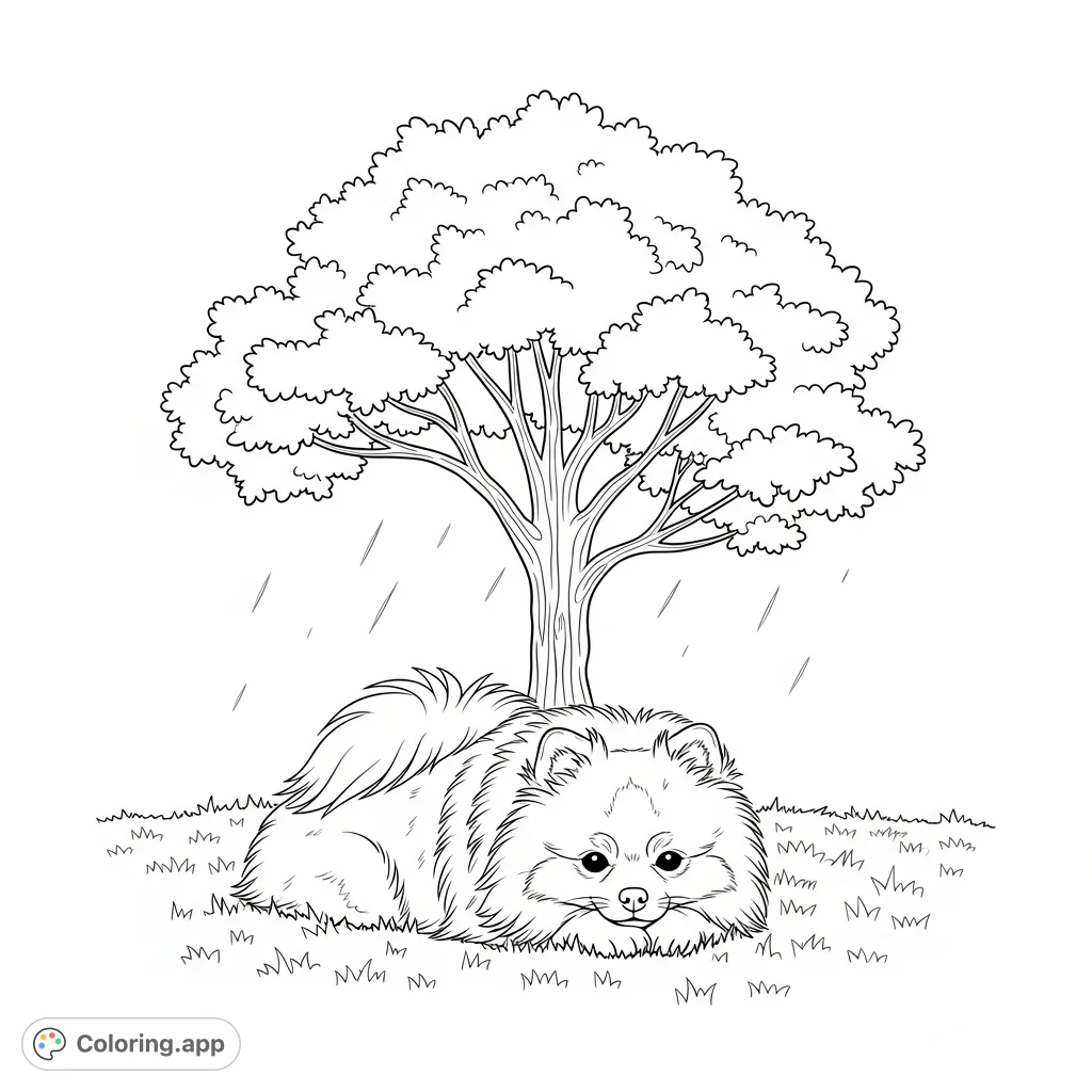 A fluffy Pomeranian dog lies peacefully under a large tree, enjoying a tranquil moment. Subtle lines suggest gentle shadows and a serene atmosphere.