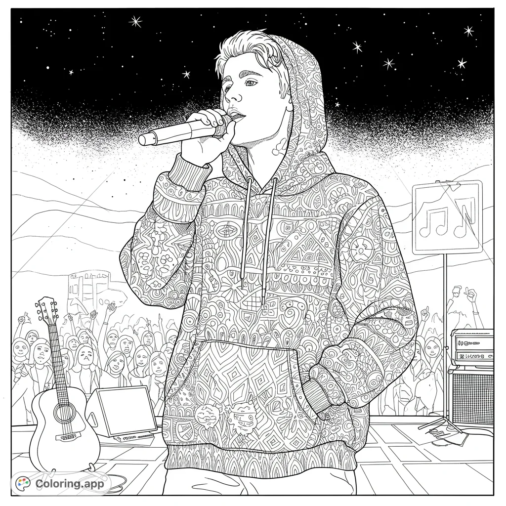 Dynamic pop star on stage, singing to a cheering crowd under a starry sky. Intricate hoodie patterns offer a detailed coloring challenge.