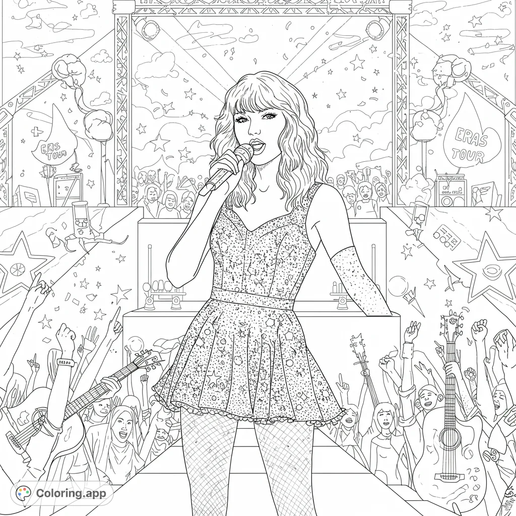 Dynamic pop star concert coloring page featuring a singer on stage, an excited crowd, and vibrant stage lights. A free printable coloring page for music fans.