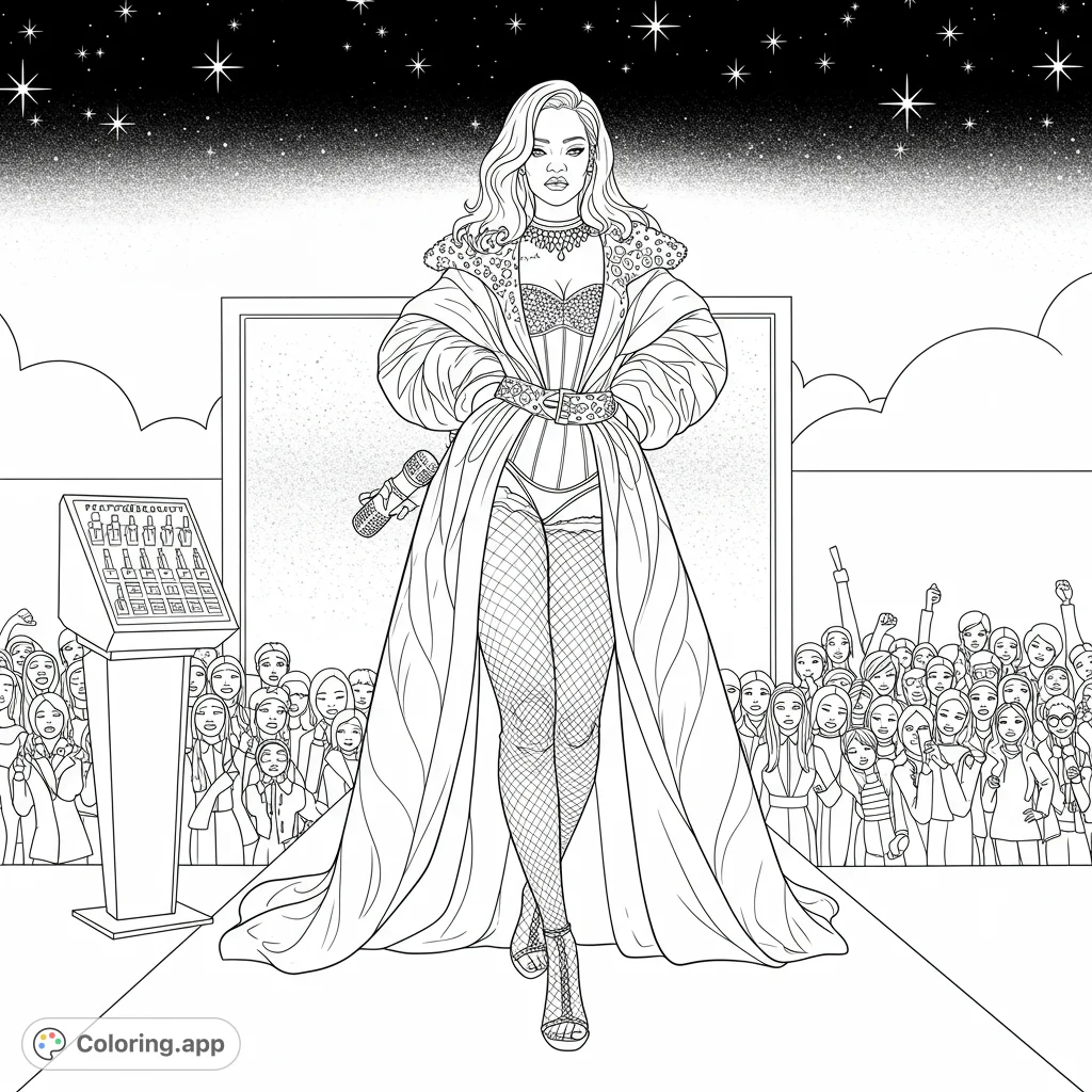 A glamorous pop star commands the stage in a flowing coat and fishnets, surrounded by cheering fans under a starry sky. Perfect for fashion and music lovers.