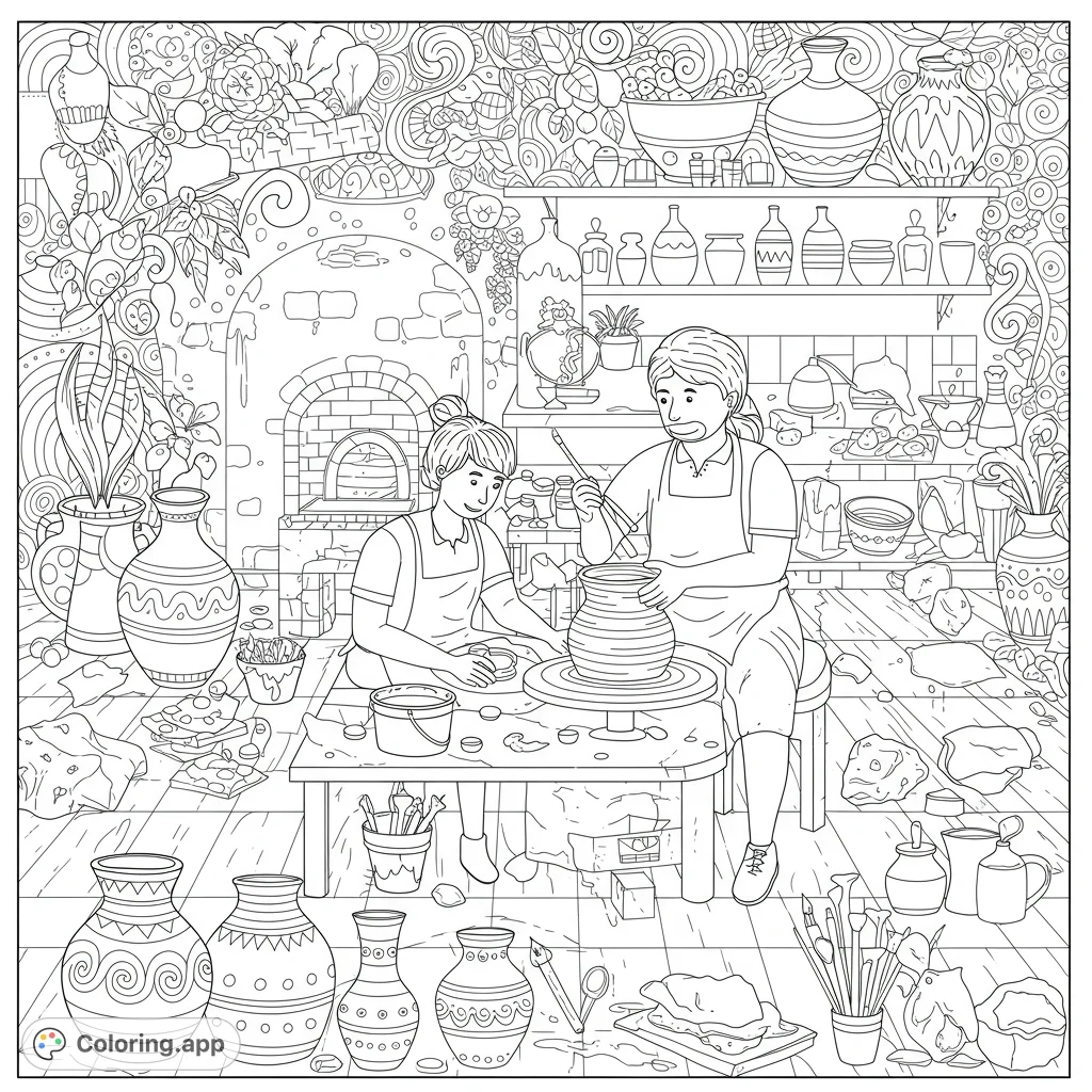 Detailed pottery studio scene with two artists creating, surrounded by intricate pots, tools, and a kiln. A creative and engaging coloring experience.