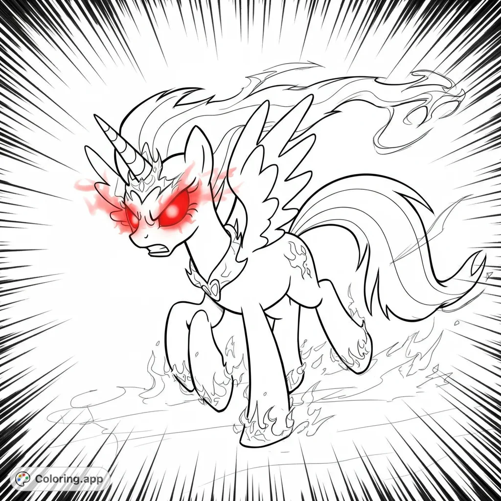 Unleash your creativity with this powerful alicorn pony coloring page, featuring a dynamic pose, fiery details, and intense speed lines.