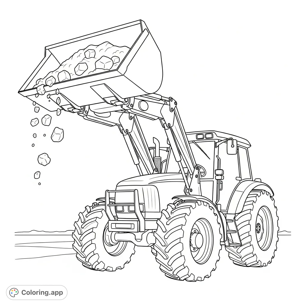 A detailed coloring page featuring a powerful tractor with a front loader attachment, lifting a bucket full of earth, ready for action.