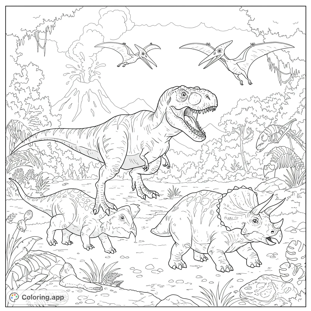 Explore a thrilling dinosaur coloring page featuring a roaring T-Rex, Triceratops, Pterodactyls, and an erupting volcano in a prehistoric jungle.