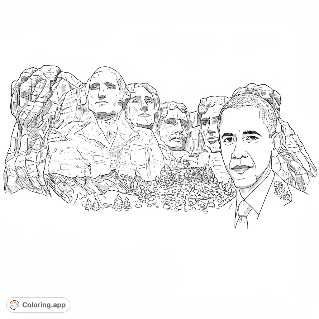 An iconic Mount Rushmore coloring page featuring the four presidents, with a modern twist: Barack Obama in the foreground. A unique historical and political free printable coloring page.