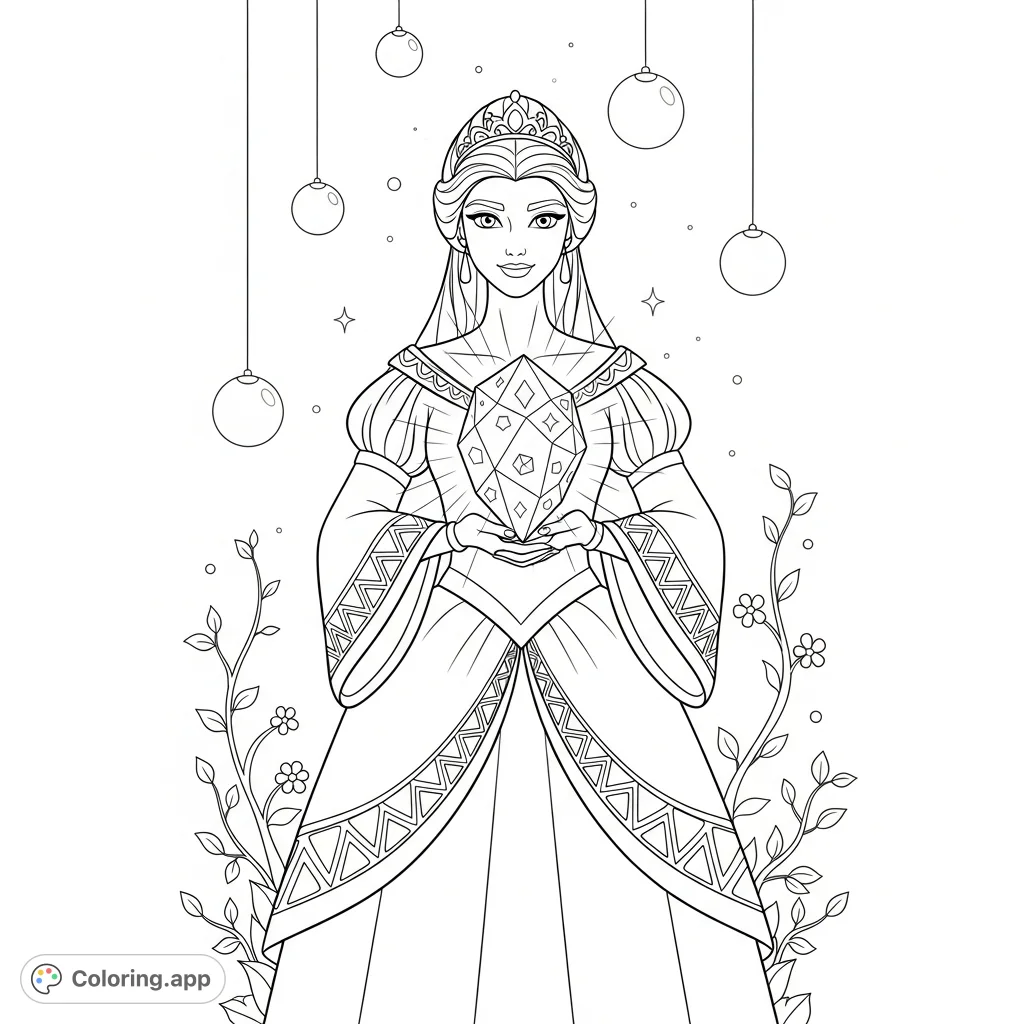 A graceful princess holds a radiant, multifaceted crystal. Intricate details on her gown and a whimsical garden background offer a magical coloring experience.