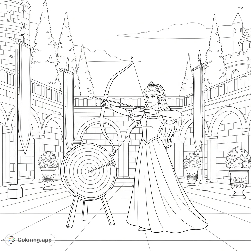 A regal princess hones her archery skills in a grand royal courtyard. Stone architecture, flowing gown, and focused determination fill this elegant scene.