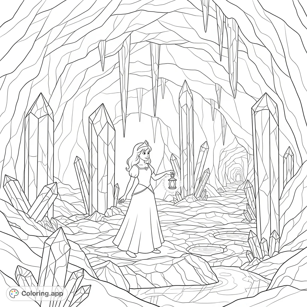A princess explores an enchanting crystal cave, illuminated by her lantern. Intricate crystals shimmer, with reflective water features adding to the magical setting.