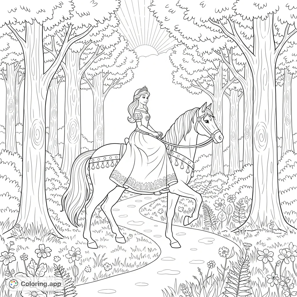 A graceful princess on a majestic horse traverses a winding forest path, surrounded by towering trees and delicate wildflowers. An enchanting adventure awaits your creative touch.