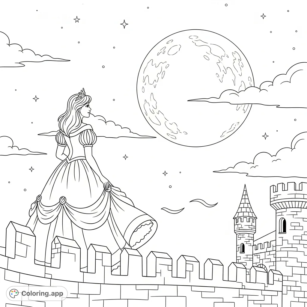 A graceful princess stands on ancient castle walls under a radiant full moon and twinkling stars. A magical night scene awaits your creative touch.