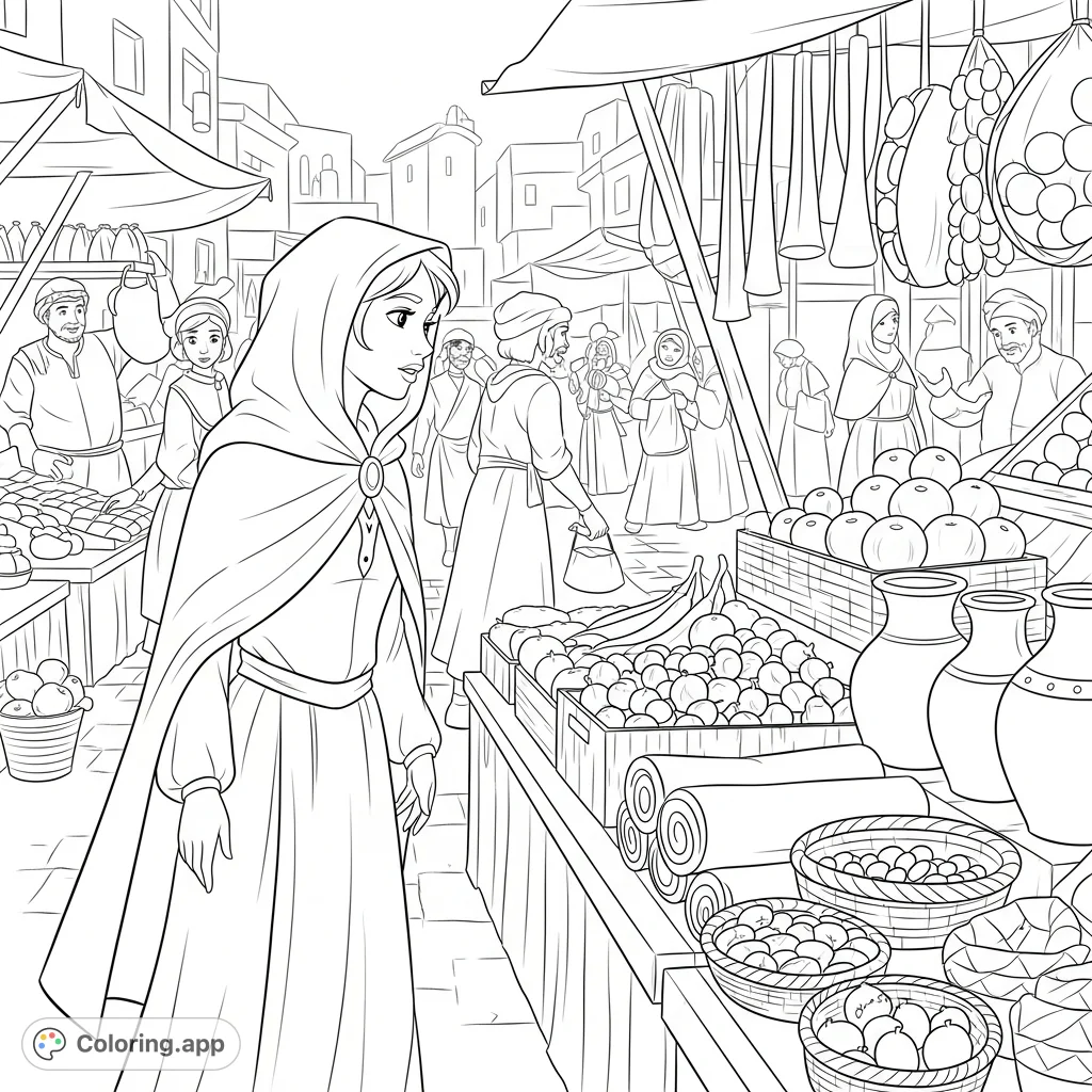 A princess in disguise explores a bustling marketplace, observing vibrant stalls and diverse goods. An enchanting scene of secret identity and daily life.