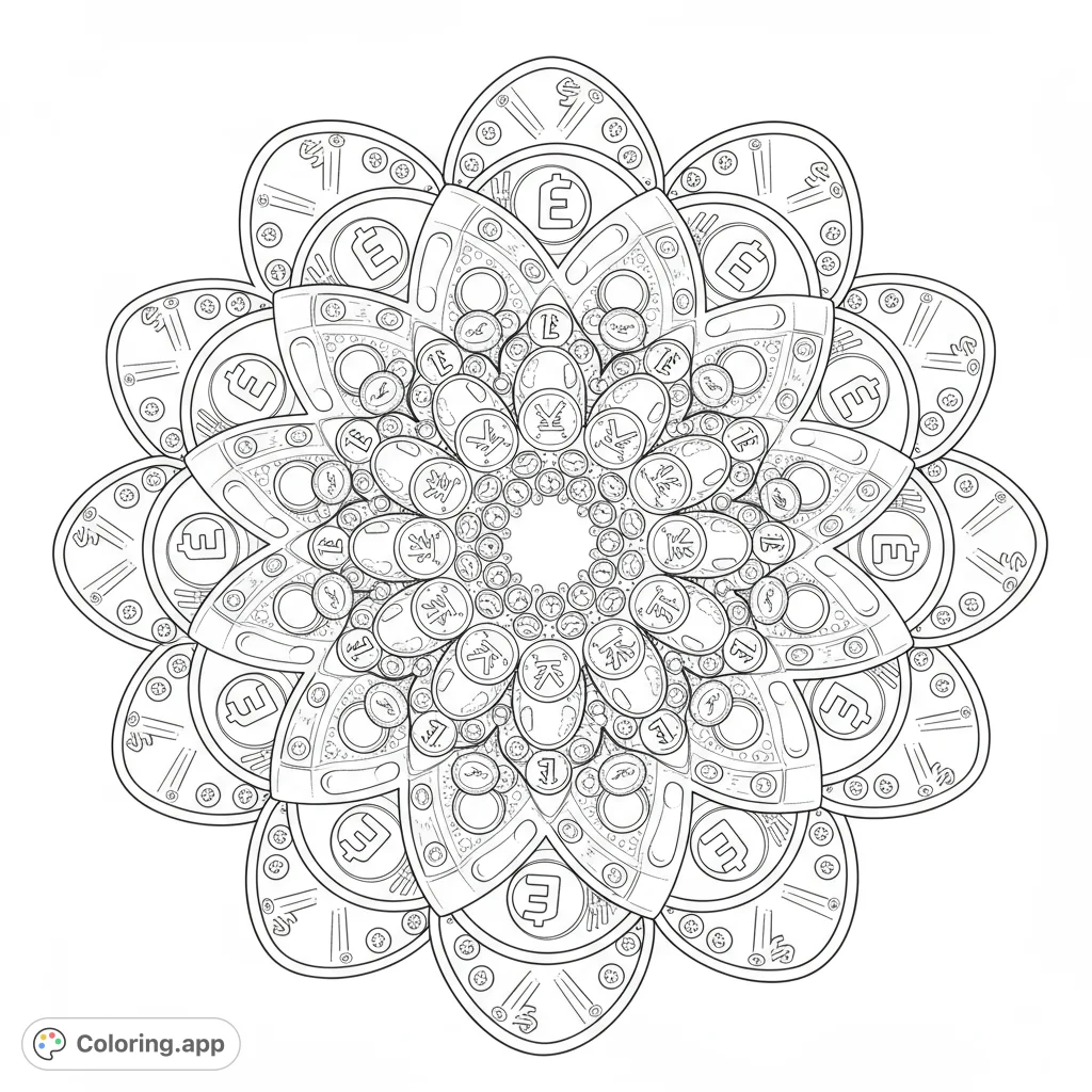 Intricate prosperity mandala featuring currency symbols and geometric patterns, perfect for mindful coloring and financial abundance themes.
