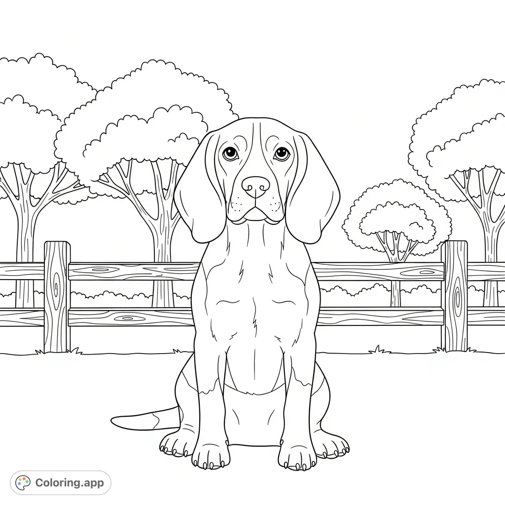 A charming coloring page featuring a proud beagle dog sitting with its tail curled, set against a simplified rustic fence and rounded trees. Perfect for dog lovers!