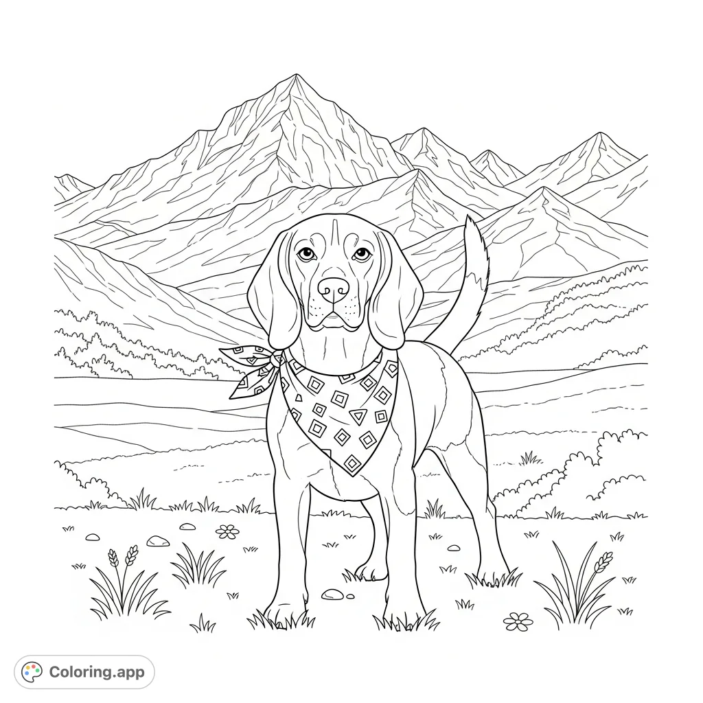 A proud beagle wearing a patterned bandana stands in an open field, gazing towards majestic, rugged mountains under a vast sky. A delightful scene.