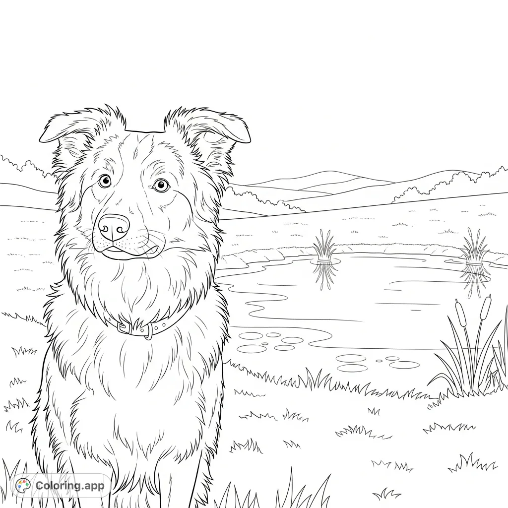 A charming coloring page featuring a proud Border Collie standing beside a peaceful pond, complete with simplified reflections and a serene natural backdrop.