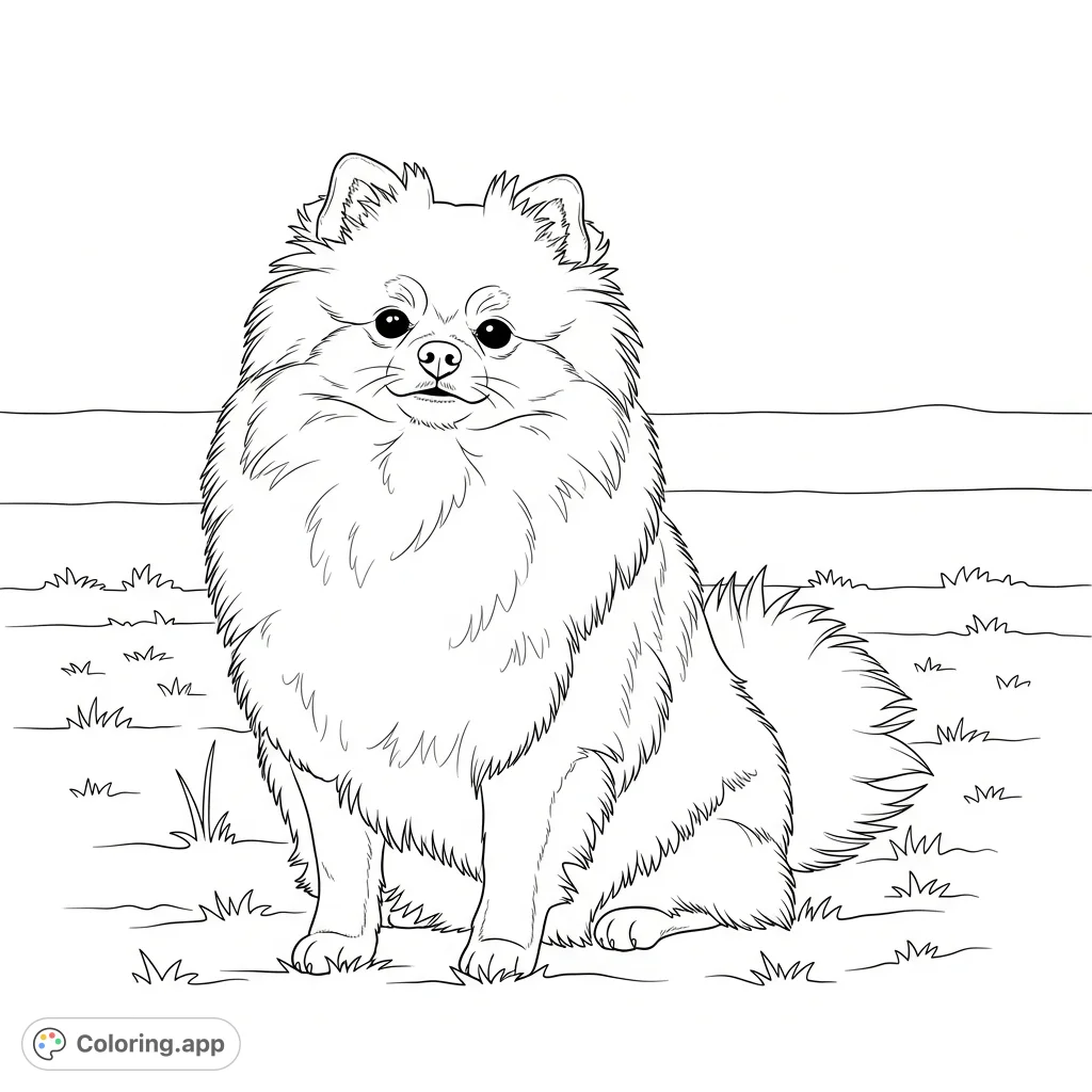A charming Pomeranian coloring page featuring a fluffy dog with proud posture. A simplified grassy background sets the scene for this adorable canine.