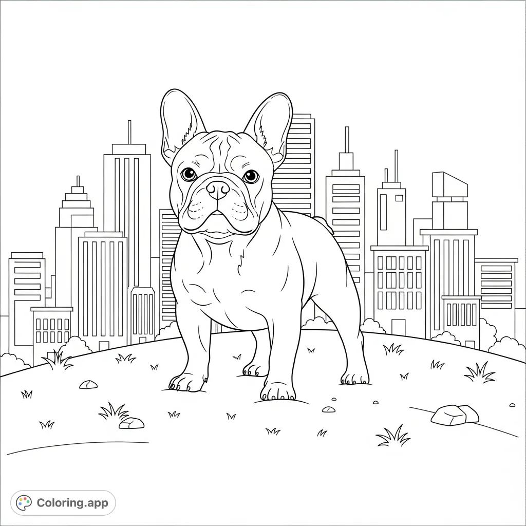 A charming French bulldog stands proudly atop a grassy hill overlooking a simplified city skyline, offering a delightful scene for coloring enthusiasts.