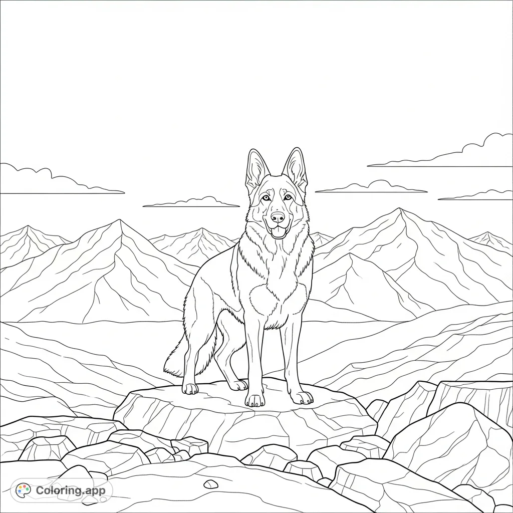 A majestic German Shepherd stands proudly on a rugged rocky overlook, gazing at distant mountain peaks. A powerful scene for animal lovers.