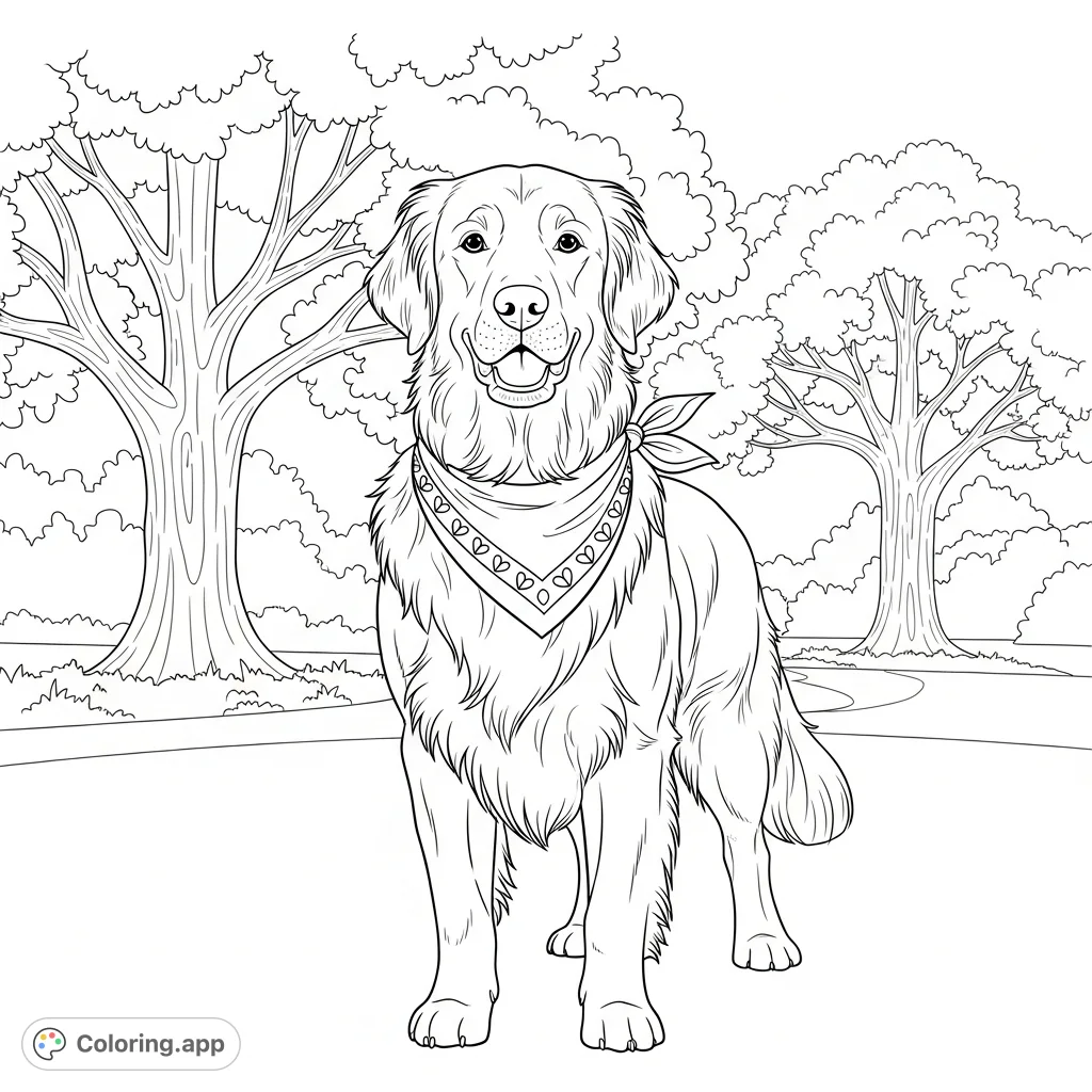 A charming golden retriever stands proudly with a friendly expression, wearing a patterned bandana, set against a backdrop of park trees and foliage.