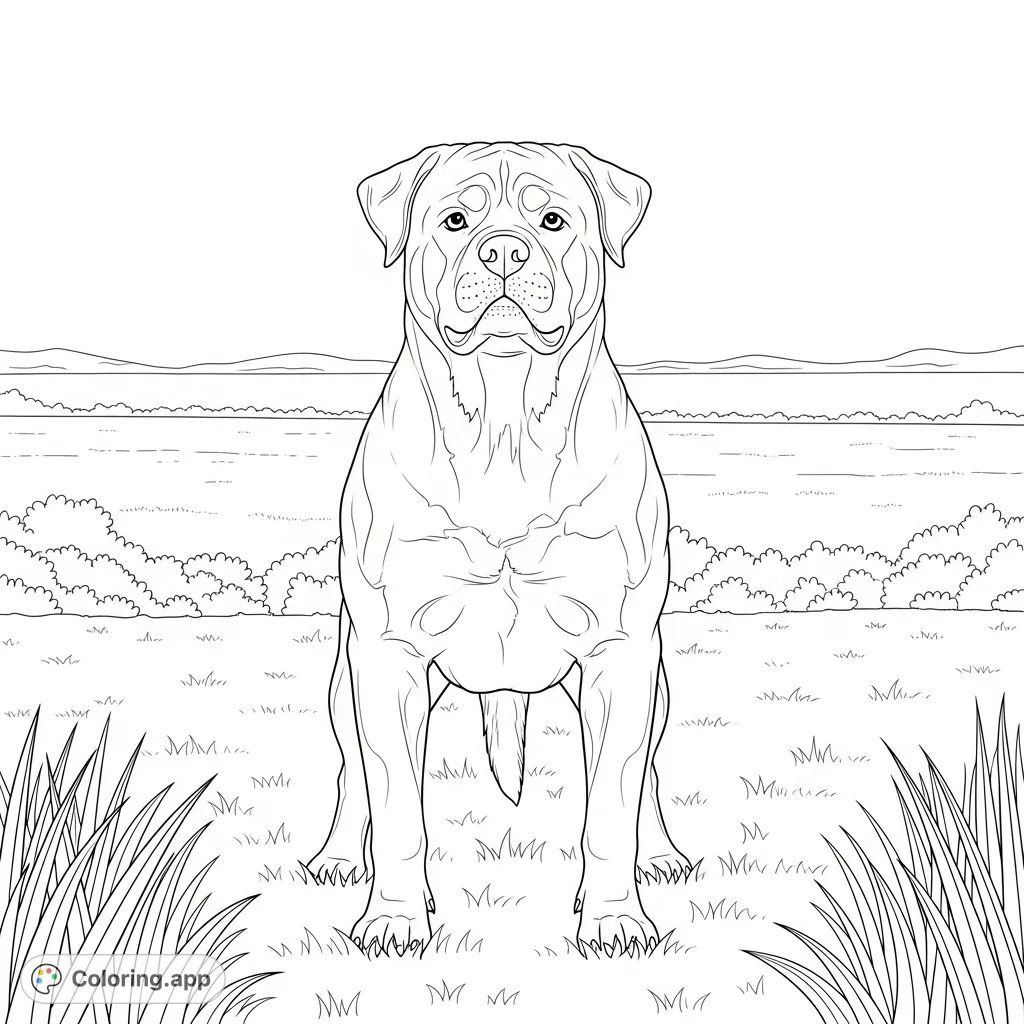 A powerful Rottweiler stands alert in a grassy field, showcasing its muscular build and proud stance against a simple, expansive outdoor background.