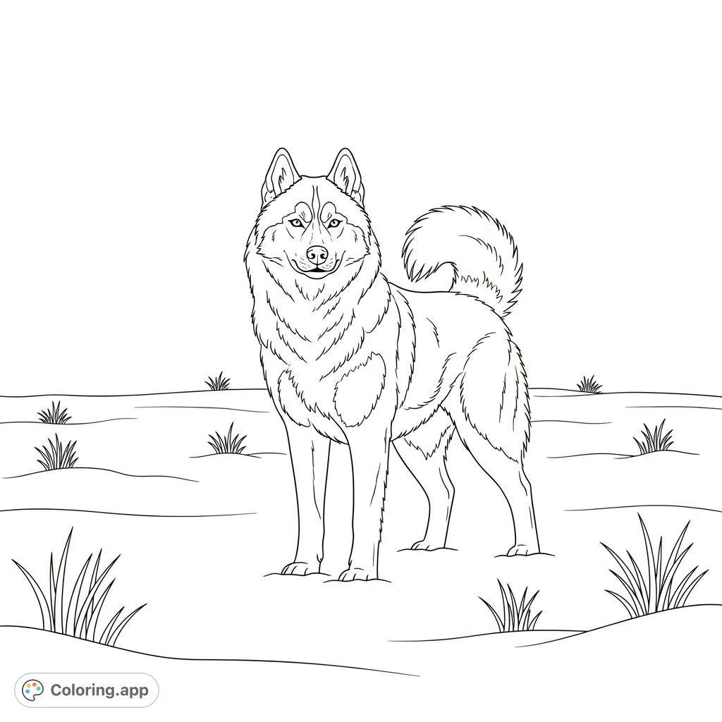 A majestic Siberian husky stands proudly in a vast, serene snowy field, its thick fur and alert posture ready for a captivating coloring adventure.