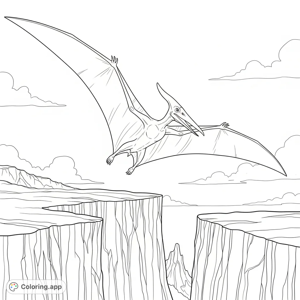 Soar with a majestic pteranodon over ancient, rugged cliffs. This detailed page captures prehistoric flight against a vast sky with minimal clouds.