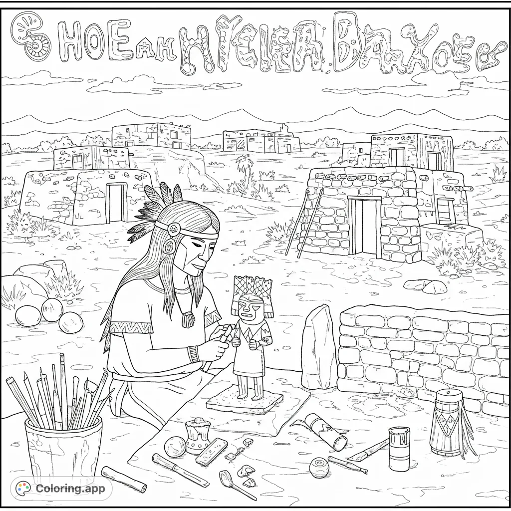 Explore Native American culture with this free printable Native American artist coloring page, featuring a sculptor at work in a traditional pueblo village.