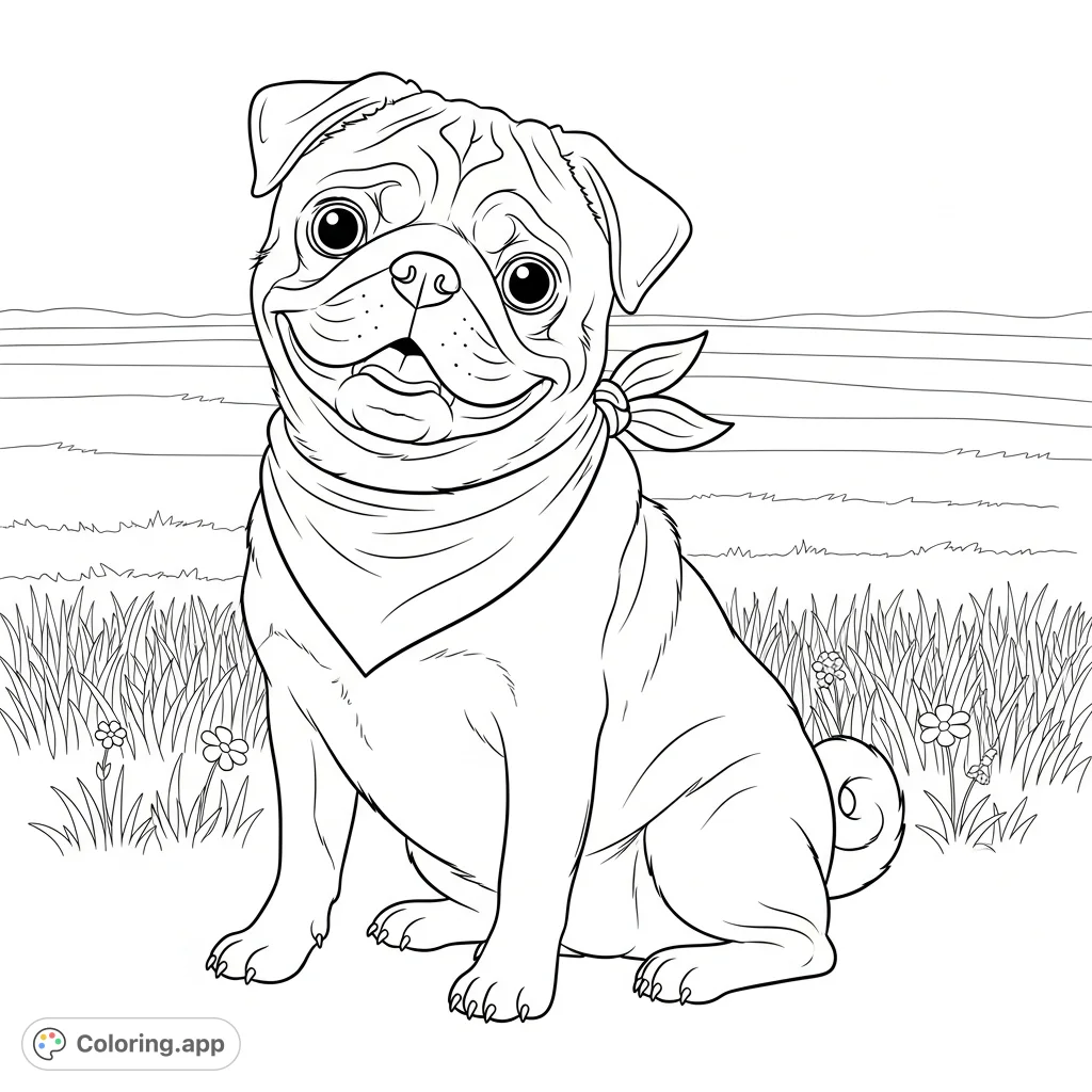 A charming coloring page featuring a cheerful pug wearing a simple bandana, sitting in a vast grassy field with subtle wildflowers.