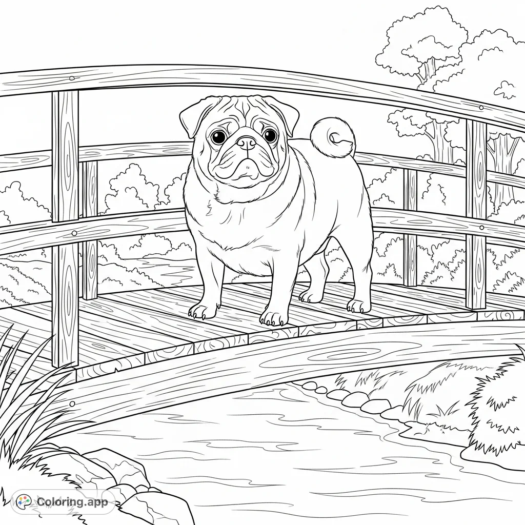 A delightful pug stands on a charming wooden footbridge spanning a calm stream, surrounded by gentle nature. A perfect scene for tranquil coloring fun!