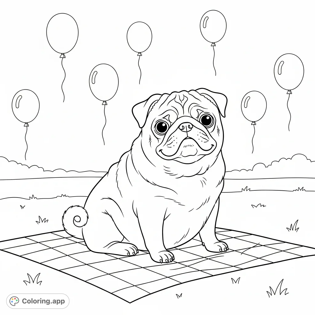 A delightful pug sits on a plaid picnic blanket, surrounded by cheerful balloons. Perfect for animal lovers and a charming coloring adventure.