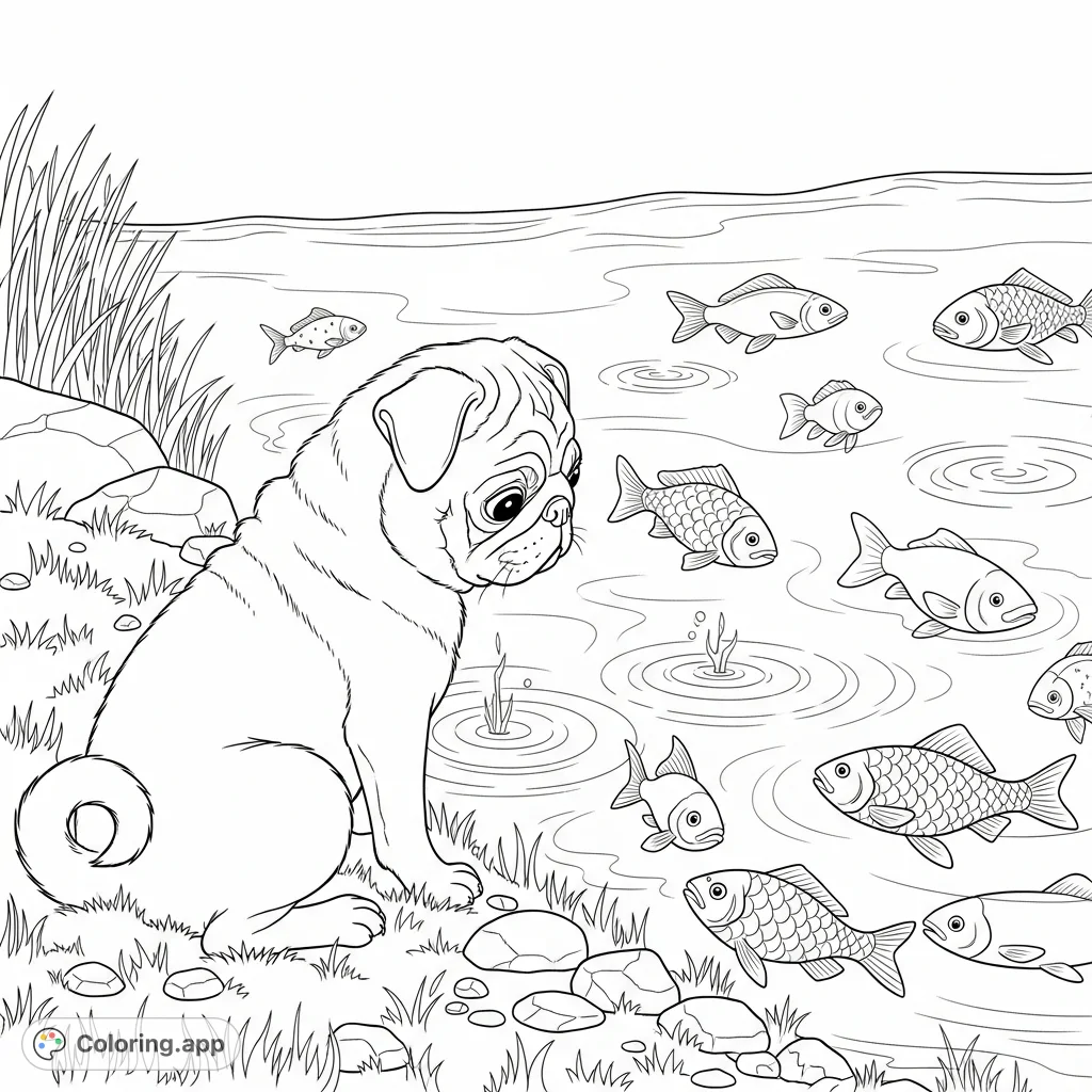 A charming pug attentively watches several fish swimming in a serene, shallow pond, surrounded by gentle ripples and lush pond-side greenery.