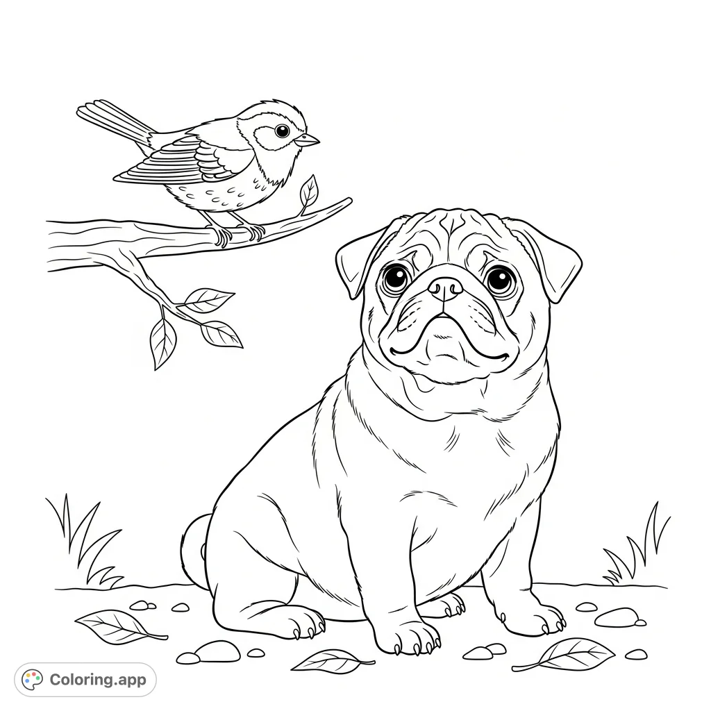 A charming pug puppy with a curious expression gazes up at a small bird perched on a branch, set against a minimal forest floor backdrop.