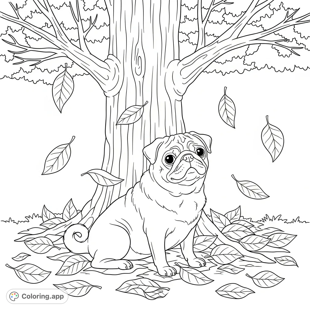 A delightful pug with a soft expression sits peacefully beneath a tree, surrounded by a cascade of falling autumn leaves, creating a serene scene.