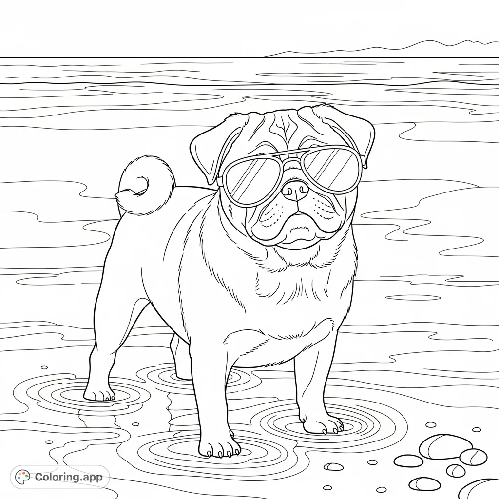 A delightful pug enjoys a serene beach day, standing in shallow waters with simplified waves. A charming scene for all animal lovers to color!