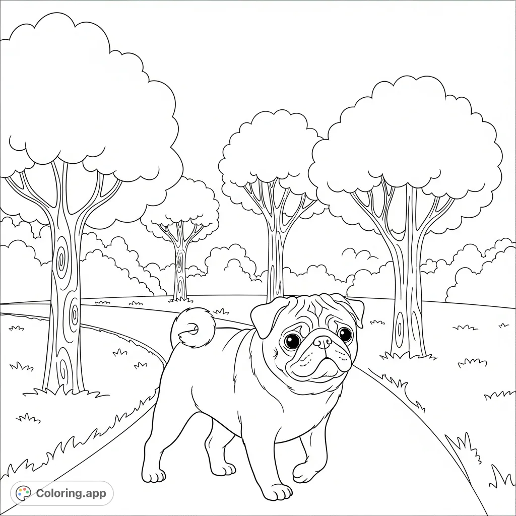 A charming pug walks a winding park path, ears perked, with simplified trees in the background. A delightful scene for animal lovers of all ages.