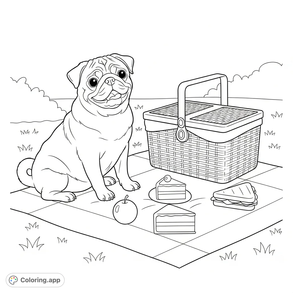 A charming coloring page featuring a happy pug enjoying a delightful picnic with a basket and simplified food items on a blanket. A whimsical scene.