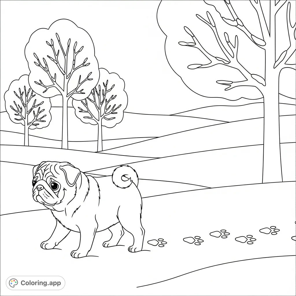 A charming pug explores a snowy landscape, leaving tiny paw prints behind, surrounded by simple, serene winter trees.